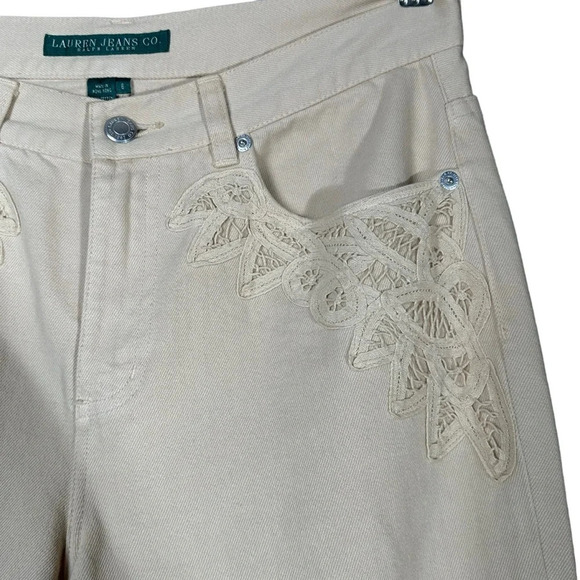 Lauren Jeans Co Size 6 Cream Denim Jeans Cropped Lace Equestrian Preppy Feminine - Picture 2 of 8